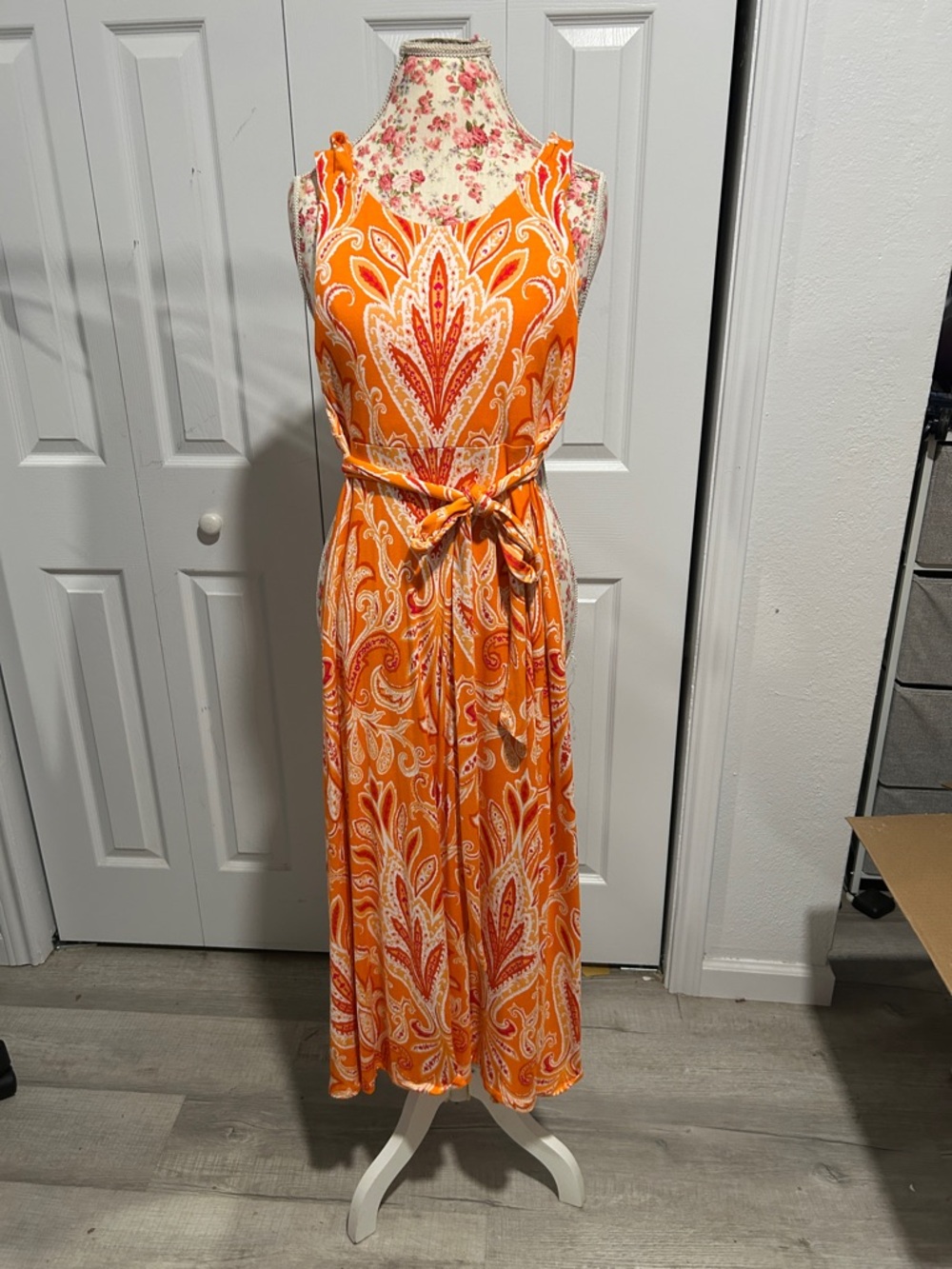 LOFT Orange & Cream Paisley Tie-Waist Maxi Dress
